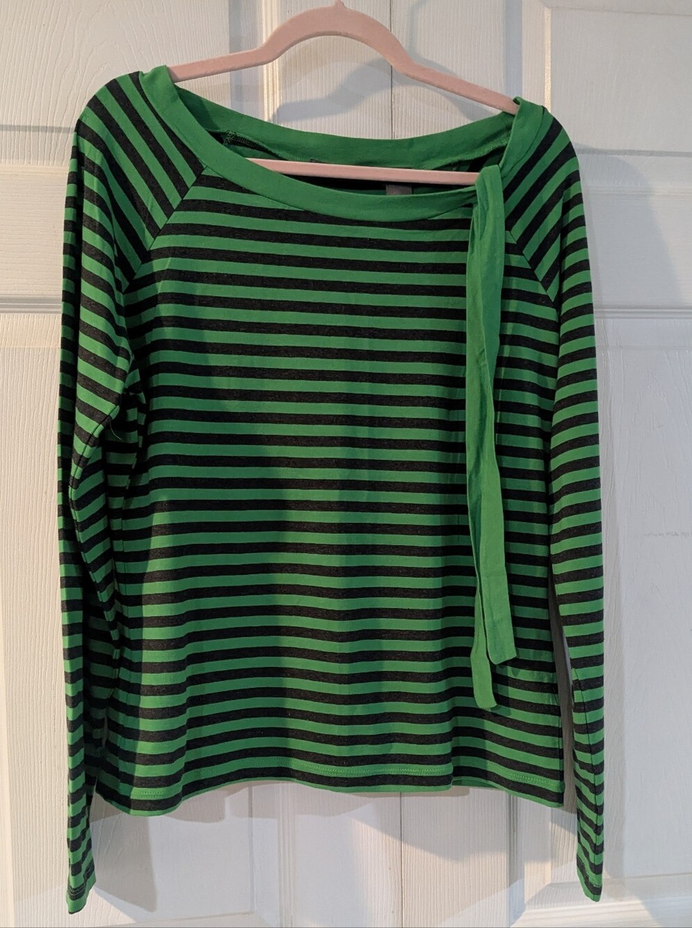 Liz Claiborne Green and Black Striped Top with Boat Neck Tie. New With Tags!